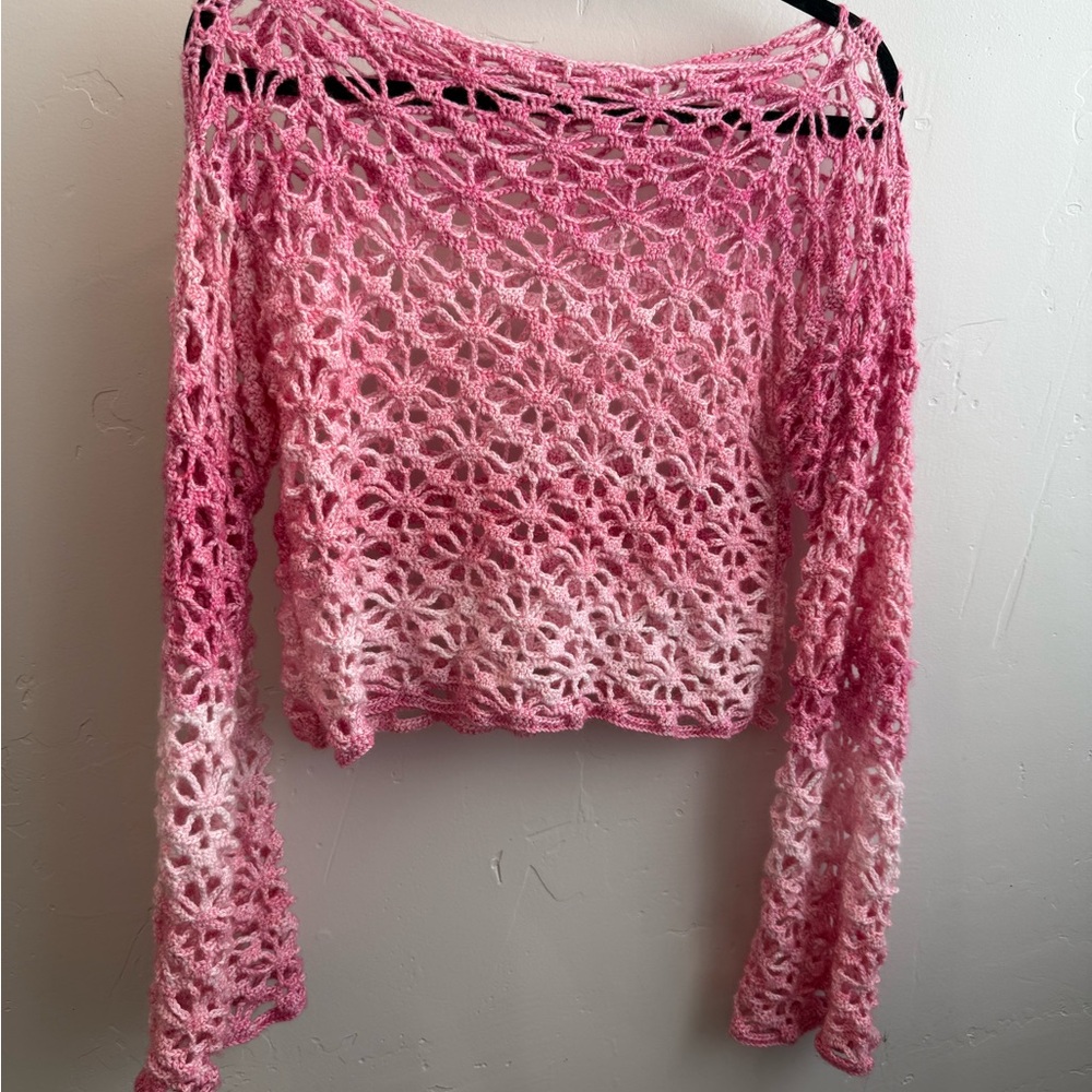 Hand Made Pink Ethical Crochet Floral Cropped Sweater